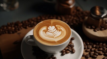 Top view of cup of coffee. Latte art. Coffee beans. Generative AI.