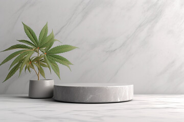 A beauty product mockup with copy-space on light grey stone pedestal on neutral background with green leaves. Generative AI