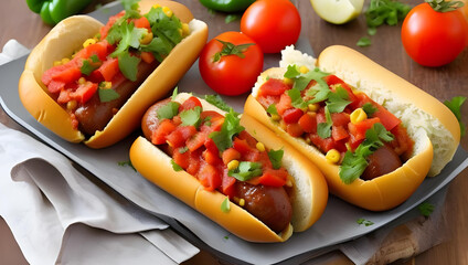 hot dog, sausage, tomato sauce, corn, peas, parsley decorated on the plate, whole tomatoes and peppers in the background
