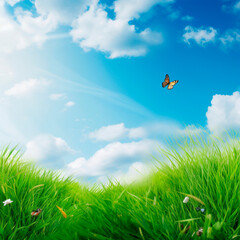 Obraz na płótnie Canvas summer landscape with blue sky and green grass. High quality Generative AI