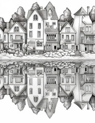 A black and white drawing of a city by the water with reflection. Generative AI.