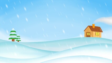 illustration of a log cabin in the snowfall