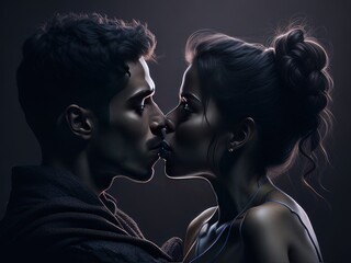 Man and woman on a dark theme, almost a kiss, World Kiss Day