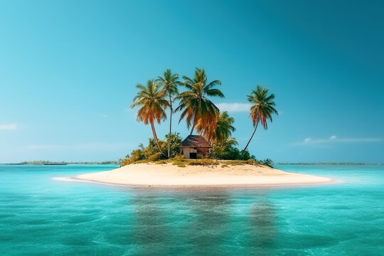 Tiny tropical island with hut and palms surrounded sea blue water, generative AI