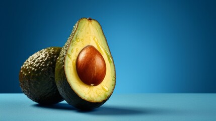 avocado cut in half on blue background