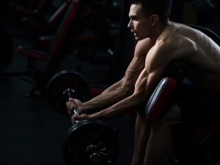 Man doing EZ barbell bicep exercises on Scott bench. 