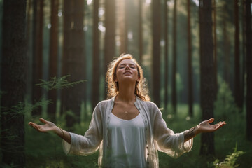 A woman is meditating in a forest