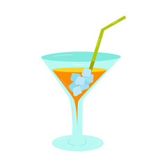 Blue crystal ice cubes in a drink. A glass of cold refreshing cocktail with a straw. The concept of a summer design of a poster, a banner for a cafe. Vector flat illustration.