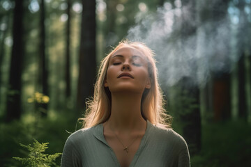 A woman standing in a forest with smoke coming out of her eyes