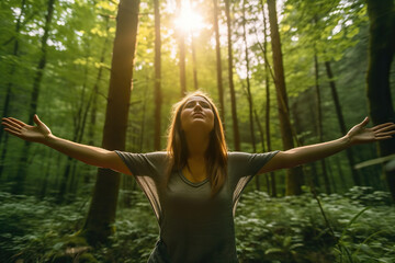 A woman standing in the middle of a forest