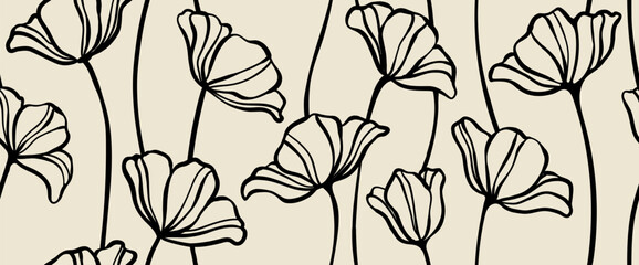 Leaves branch and Hand Drawn doodle Scribble floral plants banner. seamless pattern. Creative minimalist Abstract art background. Design wall decoration, postcard, poster or brochure © Hulinska Yevheniia