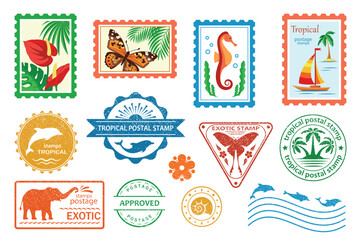 Postal stamps and postmarks. Set of various postmarks and postage stamps exotic animals, tropical palm. Sea fish and animals. Mail signs with texture. Vacation, travel, tourism, sea concept. Isolated - 600271089