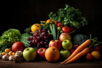Farm fruits and vegetables during the harvest season. AI generated, human enhanced