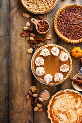 Traditional Thanksgiving pies with pumpkin pie in the middle © fahrwasser