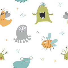 Cute monsters seamless pattern. Cartoon monsters background. Vector illustration
