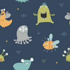 Cute monsters seamless pattern. Cartoon monsters background. Vector illustration