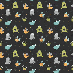 Cute monsters seamless pattern. Cartoon monsters background. Vector illustration