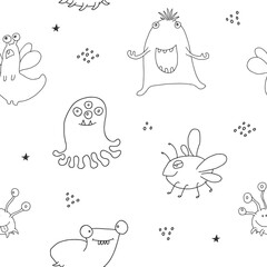 Cute monsters seamless pattern. Cartoon monsters background. Vector illustration