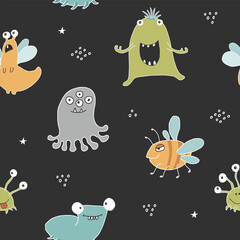 Cute monsters seamless pattern. Cartoon monsters background. Vector illustration