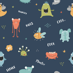 Cute monsters seamless pattern. Cartoon monsters background. Vector illustration