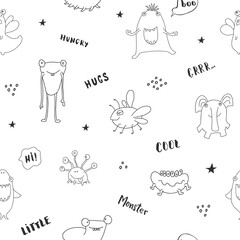 Cute monsters seamless pattern. Cartoon monsters background. Vector illustration