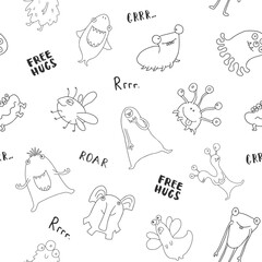 Cute monsters seamless pattern. Cartoon monsters background. Vector illustration