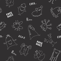 Cute monsters seamless pattern. Cartoon monsters background. Vector illustration