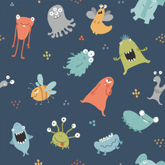Naklejka na ściany i meble Cute monsters seamless pattern. Cartoon monsters background. Vector illustration
