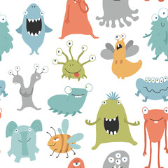 Cute monsters seamless pattern. Cartoon monsters background. Vector illustration