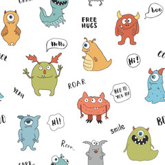 Cute monsters seamless pattern. Cartoon monsters background. Vector illustration