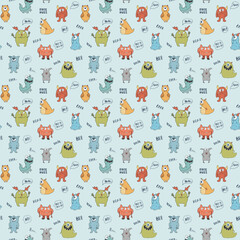 Cute monsters seamless pattern. Cartoon monsters background. Vector illustration