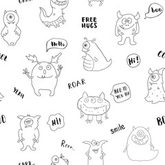 Cute monsters seamless pattern. Cartoon monsters background. Vector illustration
