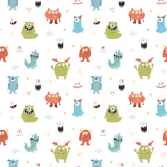 Cute monsters seamless pattern. Cartoon monsters background. Vector illustration