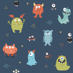 Cute monsters seamless pattern. Cartoon monsters background. Vector illustration