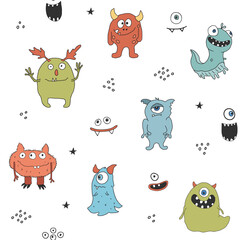 Cute monsters seamless pattern. Cartoon monsters background. Vector illustration