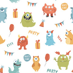 Cute monsters seamless pattern. Cartoon monsters background. Vector illustration