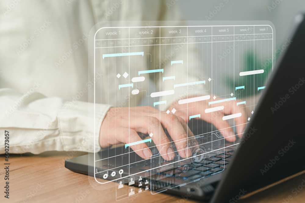 Poster Employee working data analytics with computer in business management system to make report with KPI and metrics connected to database. Corporate strategy for finance, operations, sales, marketing.