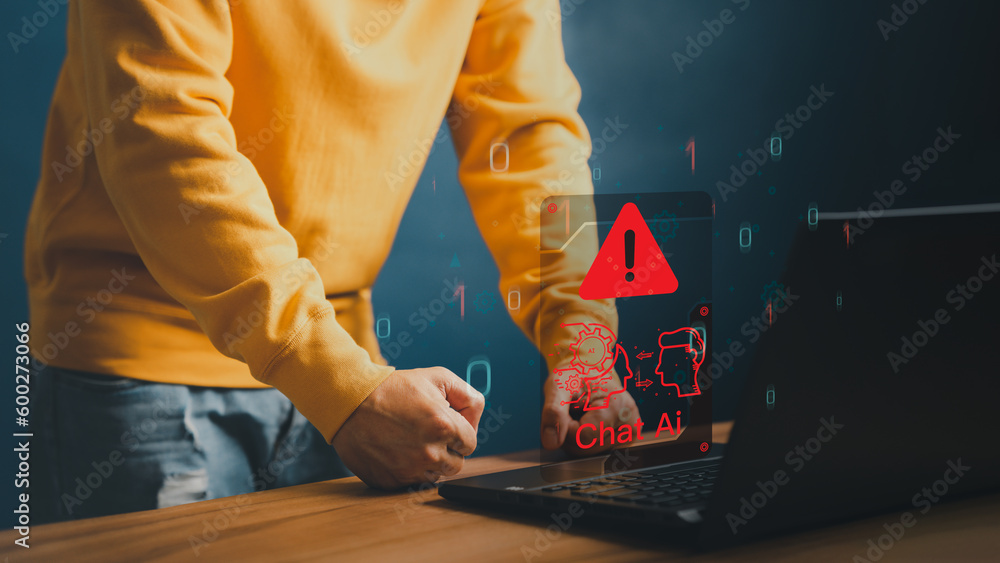 Aufkleber AI with Chatbot, Artificial Intelligence. Adult man using laptop chatting with a smart AI using an artificial intelligence chatbot with triangle caution warning sign for notification error concept.