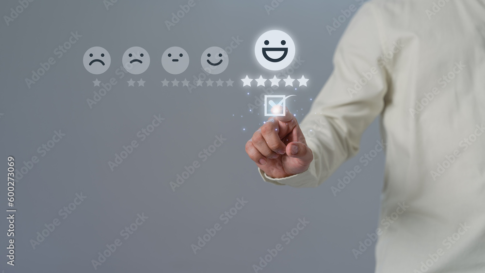 Poster assessment testimonial customer service and feedback concept. man touching virtual screen on the hap