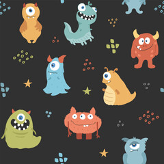 Cute monsters seamless pattern. Cartoon monsters background. Vector illustration