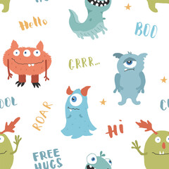 Cute monsters seamless pattern. Cartoon monsters background. Vector illustration