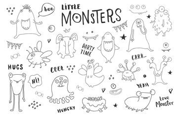 Cute monsters set. Cartoon monsters collection. Vector illustration