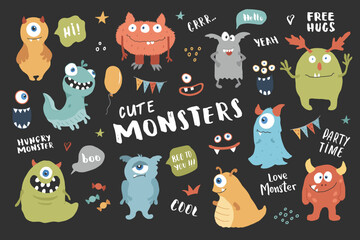 Cute monsters set. Cartoon monsters collection. Vector illustration