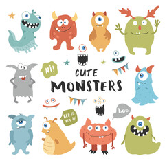 Fototapeta premium Cute monsters set. Cartoon monsters collection. Vector illustration