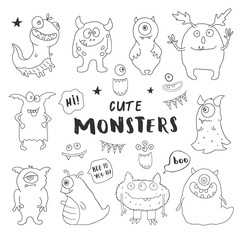 Cute monsters set. Cartoon monsters collection. Vector illustration