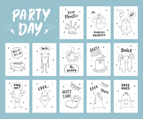 Cute monsters cards set. Cartoon monsters collection. Vector illustration