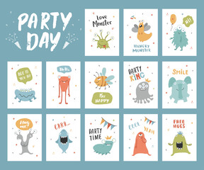Cute monsters cards set. Cartoon monsters collection. Vector illustration