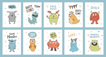 Fototapeta premium Cute monsters cards set. Cartoon monsters collection. Vector illustration