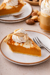 Pumpkin pie with cheesecake swirl, dessert variation for Thanksgiving