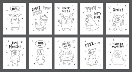 Cute monsters cards set. Cartoon monsters collection. Vector illustration